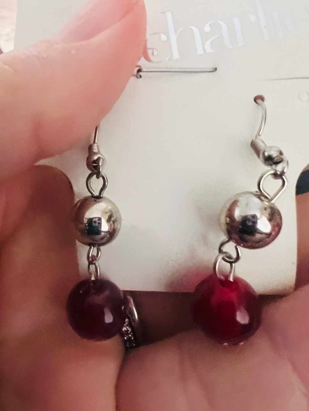 Charming Charlie Silver-Tone Earrings with Deep Red Beads